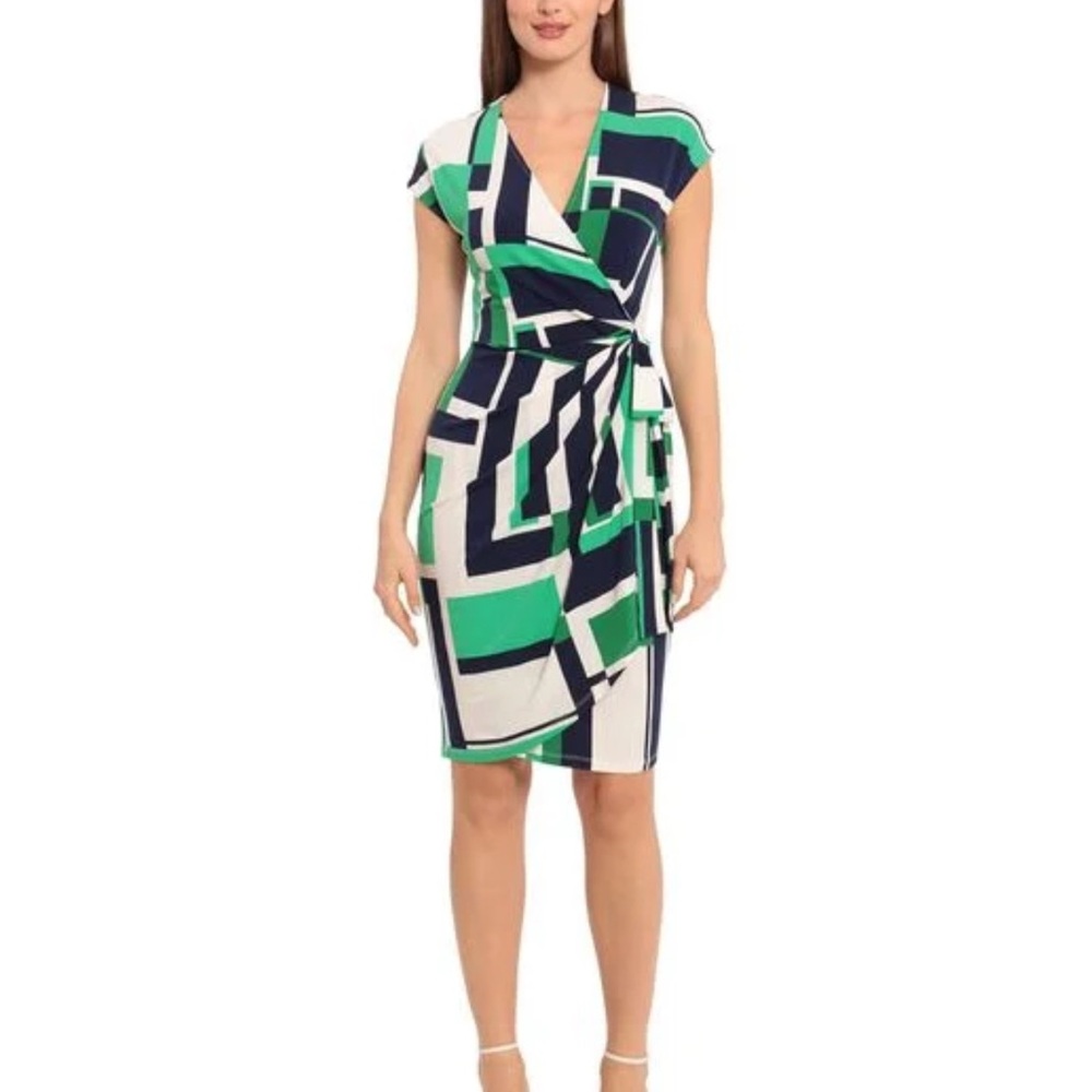 Maggy London Green and Blue Geometric Midi Dress Size 16